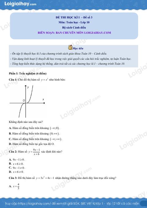 Đề thi học kì 1 Toán 10 Cánh diều - Đề số 3